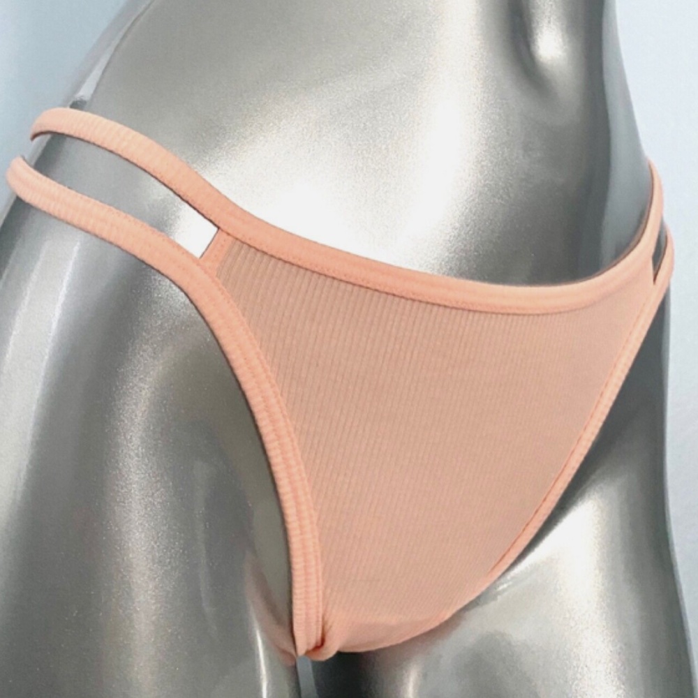PINK Victorias Secret Nwt Cotton Blend Ribbed Peach Aura Strappy Thong Panty M